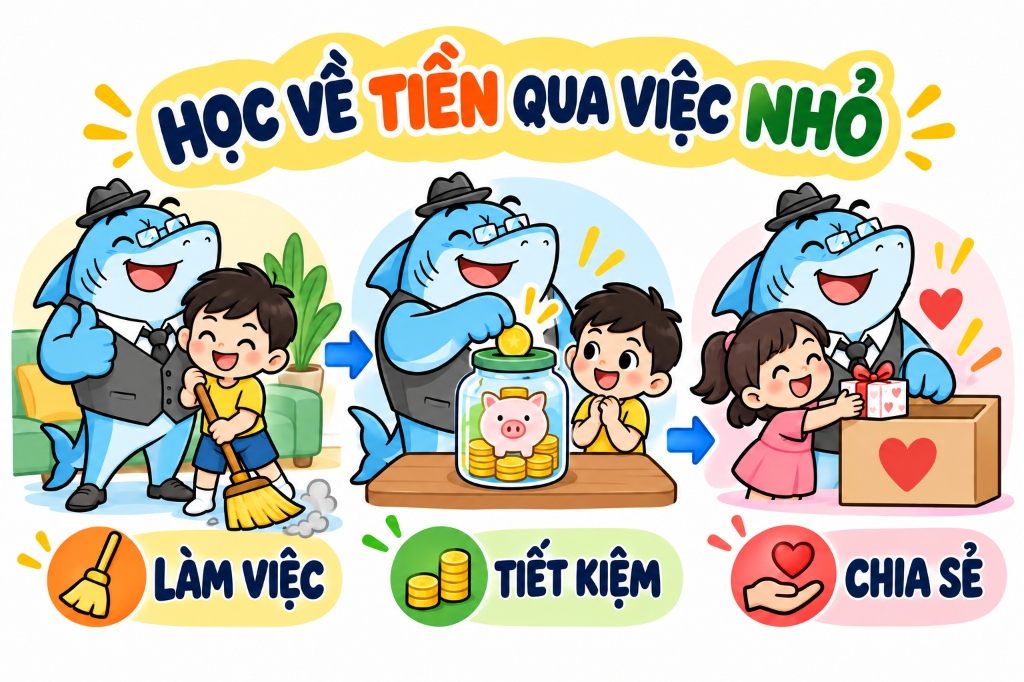 Dạy con học về tiền qua việc nhỏ: Làm việc, Tiết kiệm và Chia sẻ
